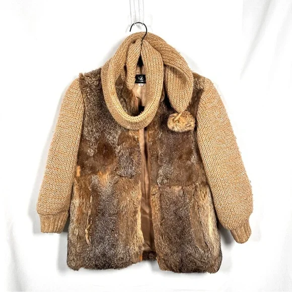 1980s Vintage Niki Rabbit Fur Knit Jacket Scarf Pom Pom Small - Picture 4 of 12